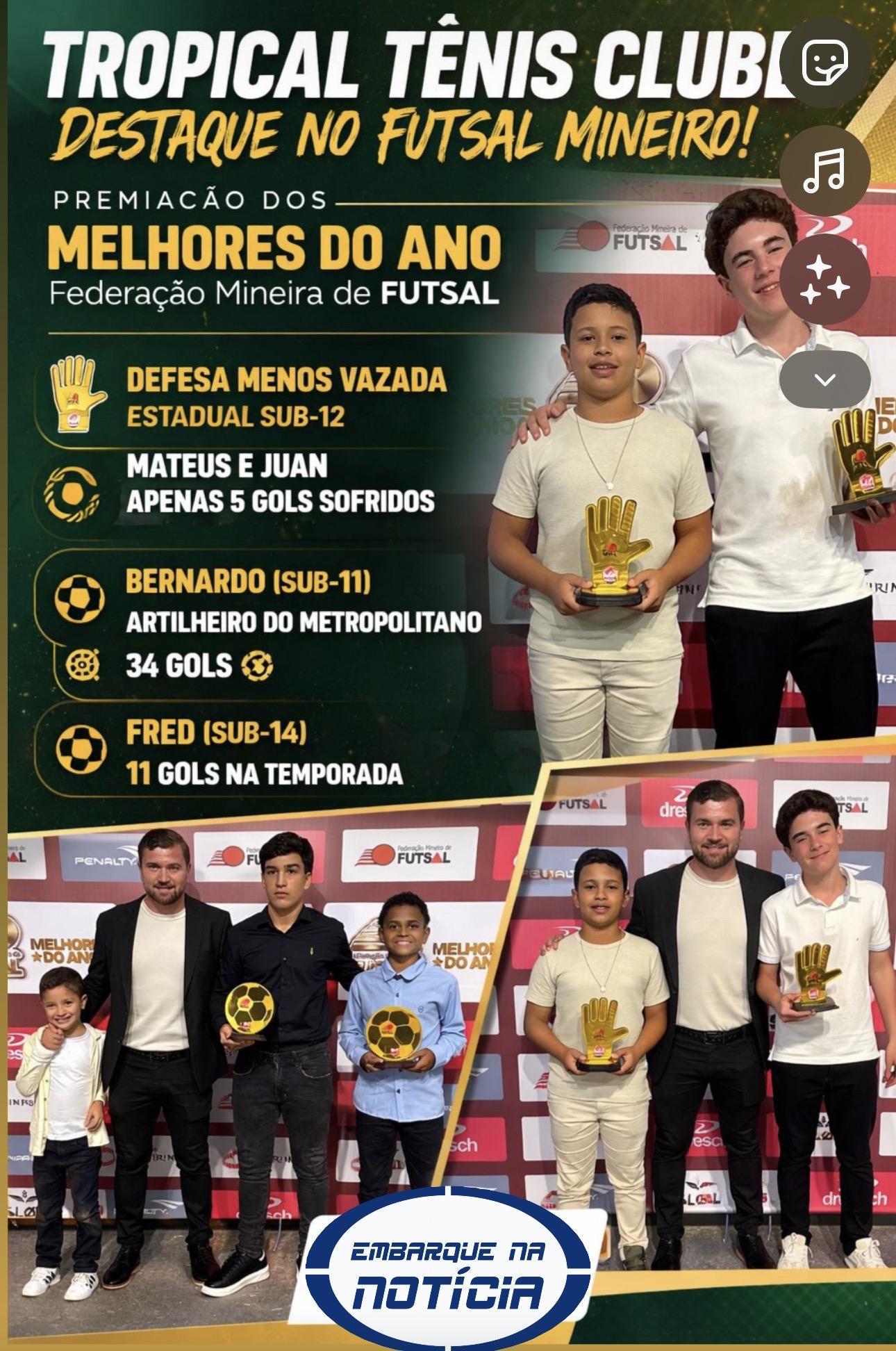 Tropical Tênis Clube se destaca na premiação da Federação Mineira de Futsal com defesa menos vazada e artilheiros da competição 