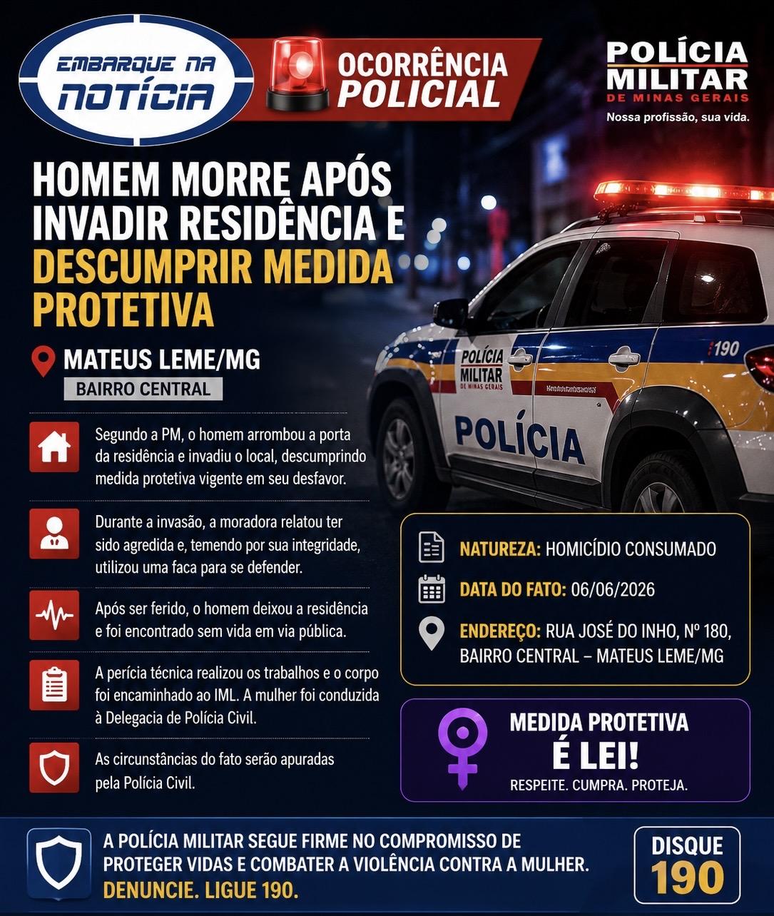 Homem morre após invadir residência e descumprir medida protetiva em Mateus Leme