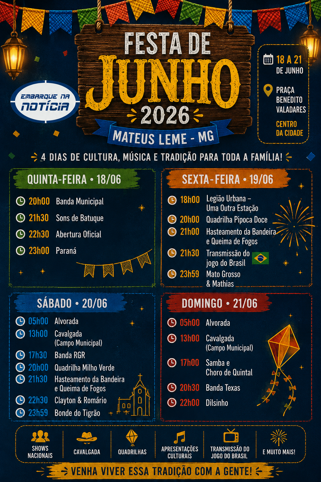 Programação da Festa de Junho 2026 de Mateus Leme é divulgada pela Prefeitura