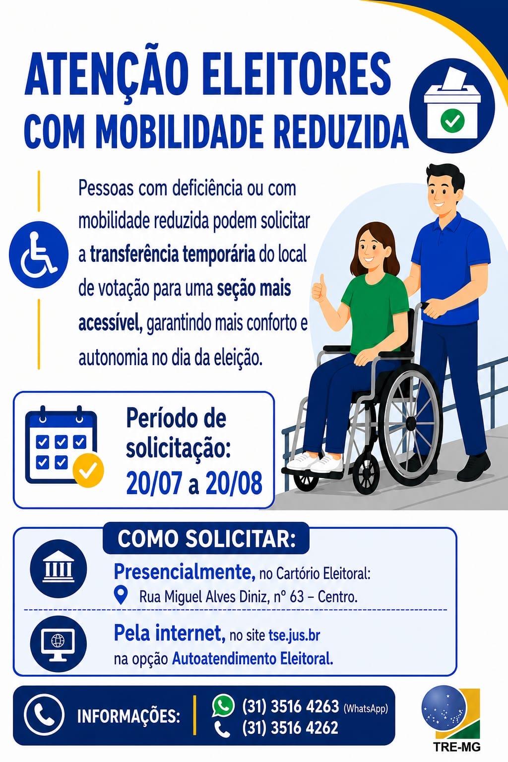 Eleitores com mobilidade reduzida poderão solicitar transferência temporária de seção eleitoral a partir de 20 de julho