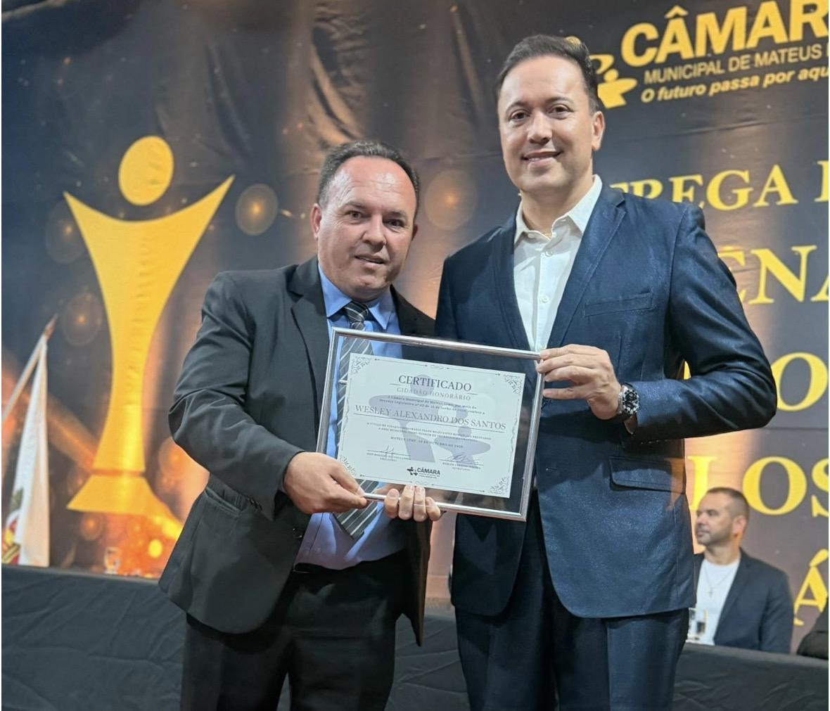 Wesley Santos recebe título de Cidadão Honorário de Mateus Leme