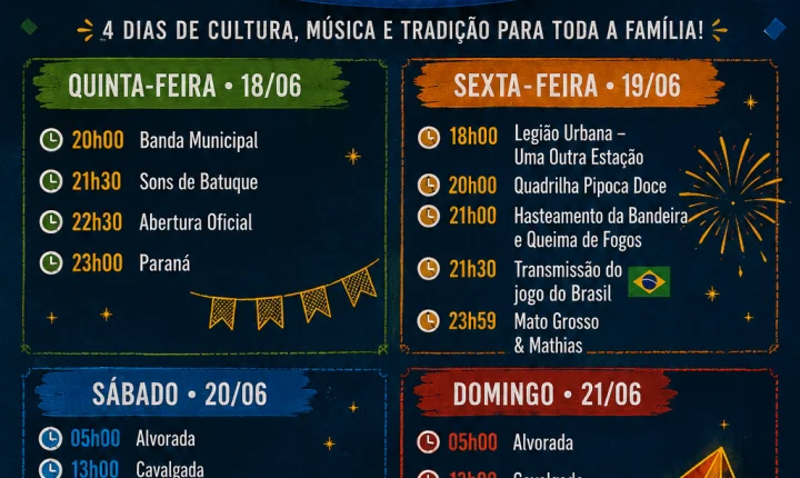 Programação da Festa de Junho 2026 de Mateus Leme é divulgada pela Prefeitura